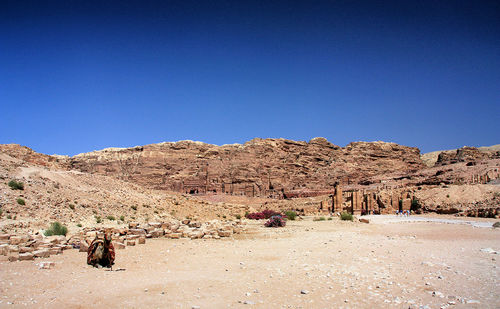 Group of people on arid landscape against clear blue sky