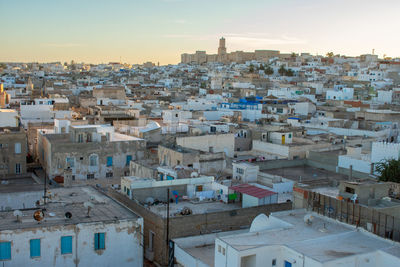 High angle view of townscape against clear sky