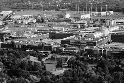 High angle view of buildings in city