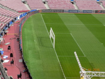 High angle view of people on soccer field