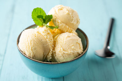 Close-up of ice cream in bowl on table