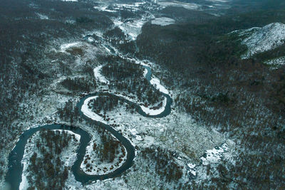 High angle view of snow covered road