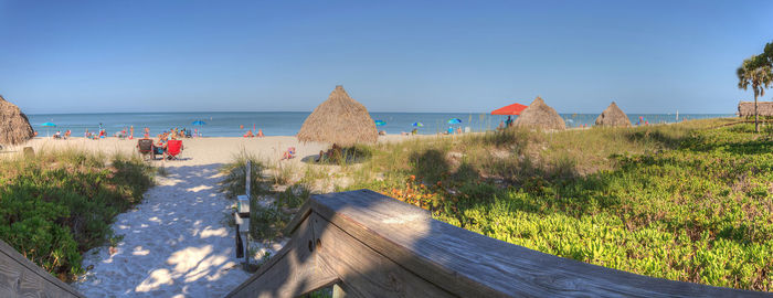 Panoramic shot of sea against clear blue sky