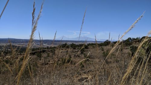 Scenic view of land against clear blue sky