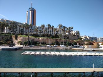 Buildings in city against clear blue sky