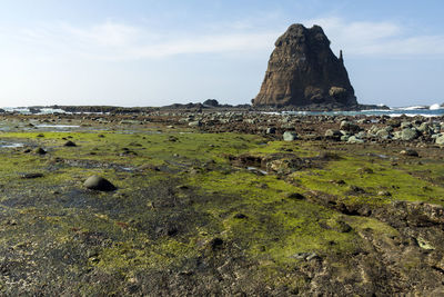 Rocks on sea shore against sky