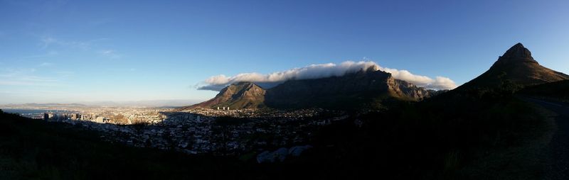 Scenic view of mountains against blue sky