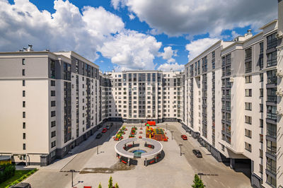 High angle view of buildings against sky