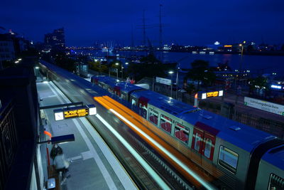 High angle view of train at night