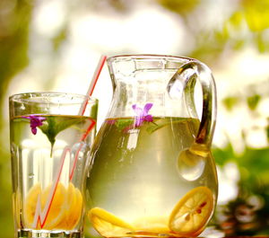 Close-up of drink in jar on table