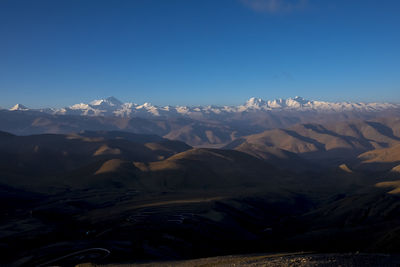 Scenic view of snowcapped mountains against clear sky