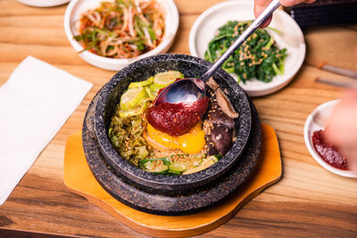 High angle view of food in plate on table