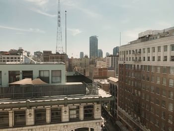 High angle view of buildings against sky