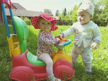 Cute boy playing in yard