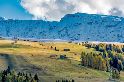 Scenic view of field and mountains against sky