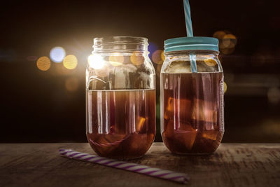 Close-up of drink in jar on table