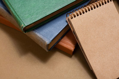 High angle view of book on table