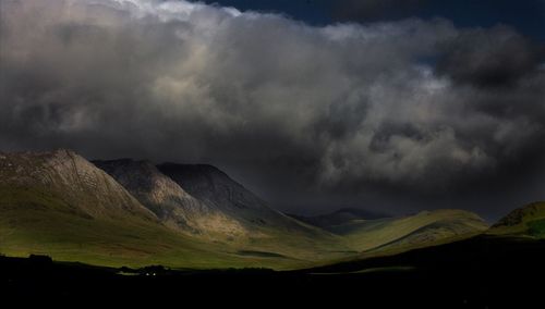 Scenic view of mountains against cloudy sky