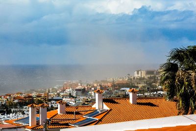 High angle view of buildings against cloudy sky