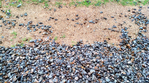 High angle view of stones on field