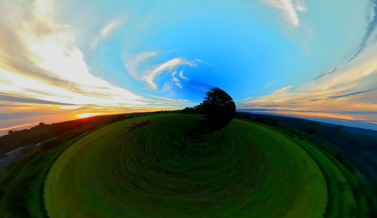 sky, blue, agriculture, cloud - sky, nature, outdoors, landscape, scenics, no people, beauty in nature, fish-eye lens, day
