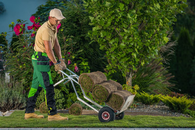 Rear view of man working on field