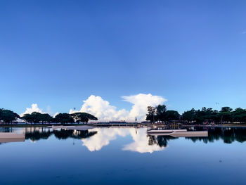 Scenic view of lake by trees against blue sky