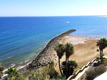 High angle view of sea against clear sky