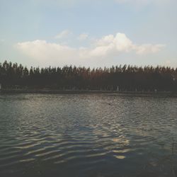 Scenic view of lake against cloudy sky