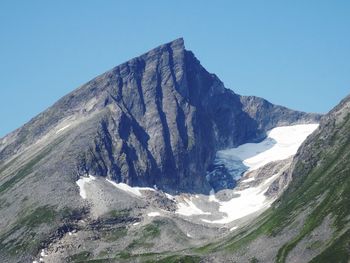 Scenic view of snowcapped mountains against clear blue sky