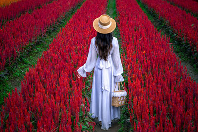 Full length of woman standing by red flowers