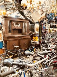 Close-up of bicycles in store