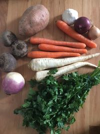 High angle view of chopped vegetables on cutting board