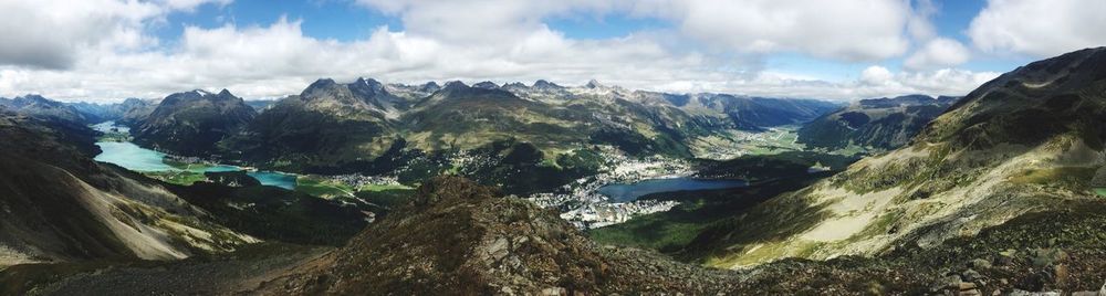 Scenic view of mountains against cloudy sky