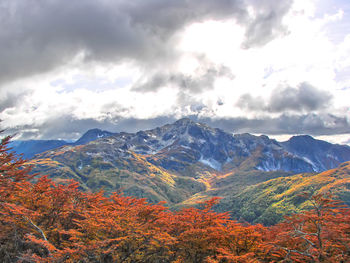 Scenic view of mountains against sky during autumn