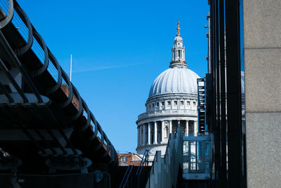 Low angle view of modern building against blue sky