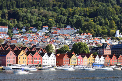 Houses by river and buildings in city