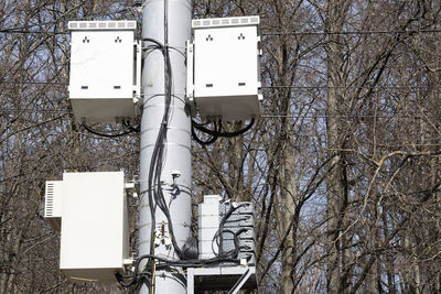 Low angle view of street light and bare tree