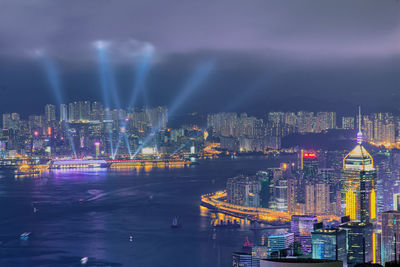 Aerial view of illuminated buildings in city at night