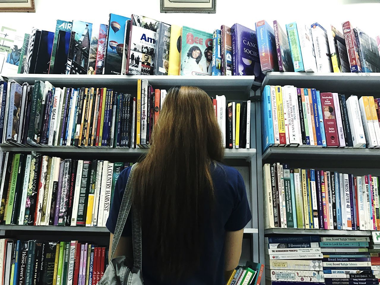 retail, choice, shelf, store, variation, rear view, for sale, real people, large group of objects, looking, bookshelf, one person, choosing, arrangement, leisure activity, women, indoors, library, day, people, adult