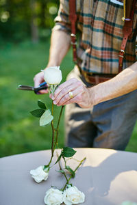 Midsection of man holding flowering plant