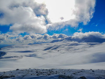 Scenic view of snowcapped mountains against sky