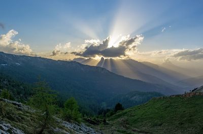 Scenic view of mountains against sky during sunset