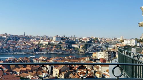 Bridge over river by buildings in city against clear sky