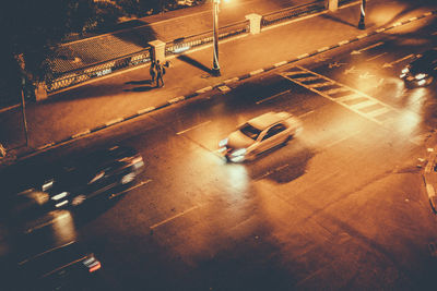 High angle view of city street at night