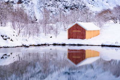 Reflection of snow covered houses and trees by lake