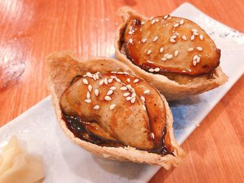 Close-up of burger in plate on table