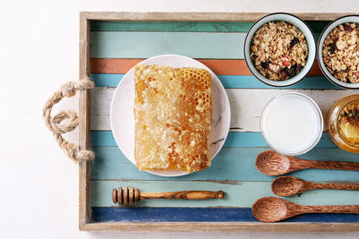 High angle view of breakfast on table