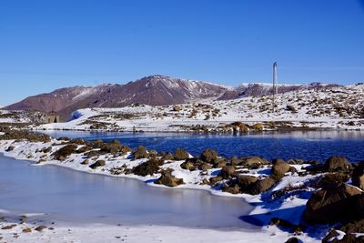 Scenic view of snowcapped mountains against clear blue sky