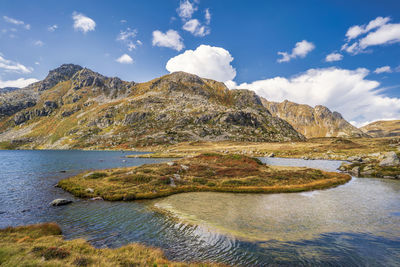 Scenic view of lake and mountains against sky